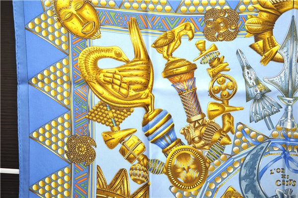 Authentic HERMES Carre 90 Scarf "L'OR DES CHEFS" Silk Blue Box 1486E