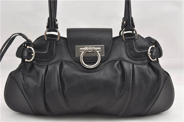 Authentic Ferragamo Gancini Vintage Leather Shoulder Hand Bag Purse Black 1486G