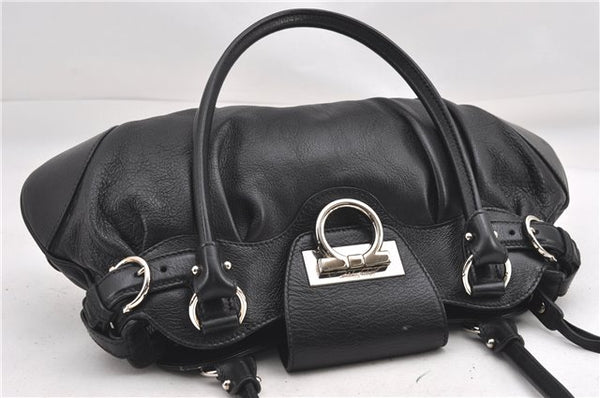 Authentic Ferragamo Gancini Vintage Leather Shoulder Hand Bag Purse Black 1486G