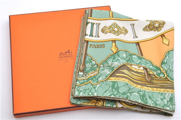 Authentic HERMES Carre 90 Scarf "CARPE DIEM" Silk Beige Green Box 1491E