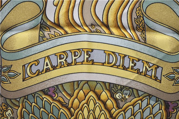 Authentic HERMES Carre 90 Scarf "CARPE DIEM" Silk Beige Green Box 1491E