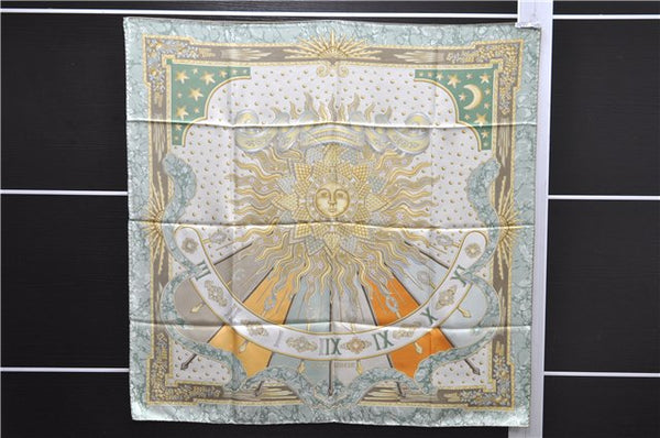 Authentic HERMES Carre 90 Scarf "CARPE DIEM" Silk Beige Green Box 1491E