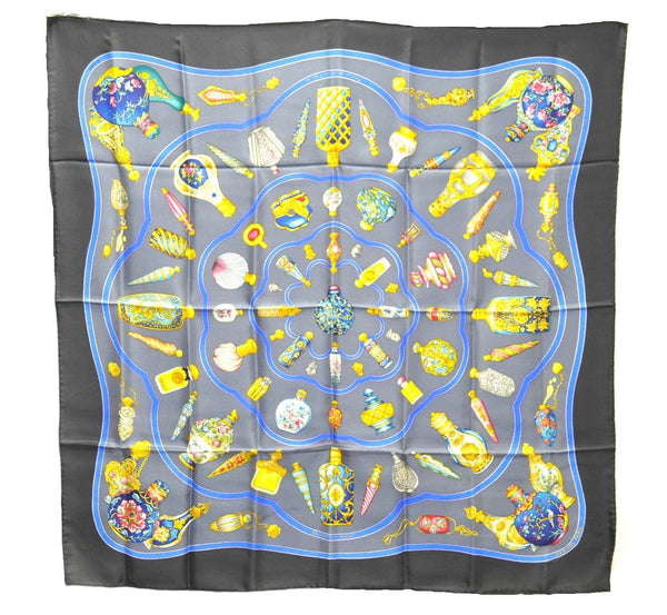 Authentic HERMES Carre 90 Scarf "Qu' importe le flacon" Silk Black Box 1493E