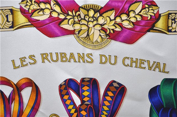 Authentic HERMES Carre 90 Scarf "LES RUBANS DU CHEVAL" Silk White 1495E