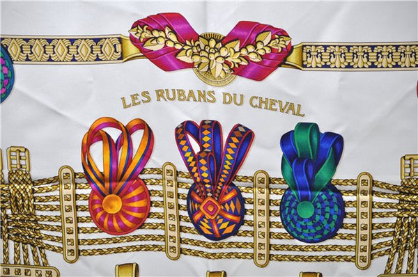 Authentic HERMES Carre 90 Scarf "LES RUBANS DU CHEVAL" Silk White 1495E