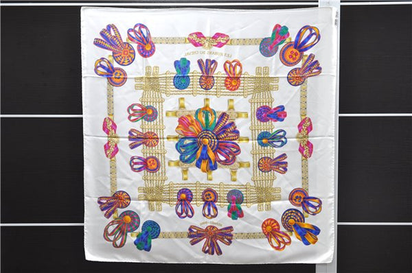 Authentic HERMES Carre 90 Scarf "LES RUBANS DU CHEVAL" Silk White 1495E