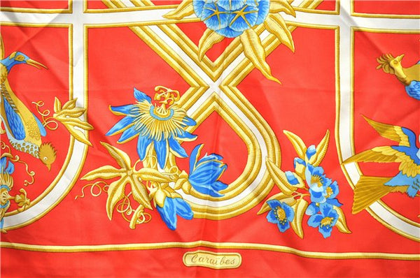 Authentic HERMES Carre 90 Scarf "Caraibes" Silk Red 1498E