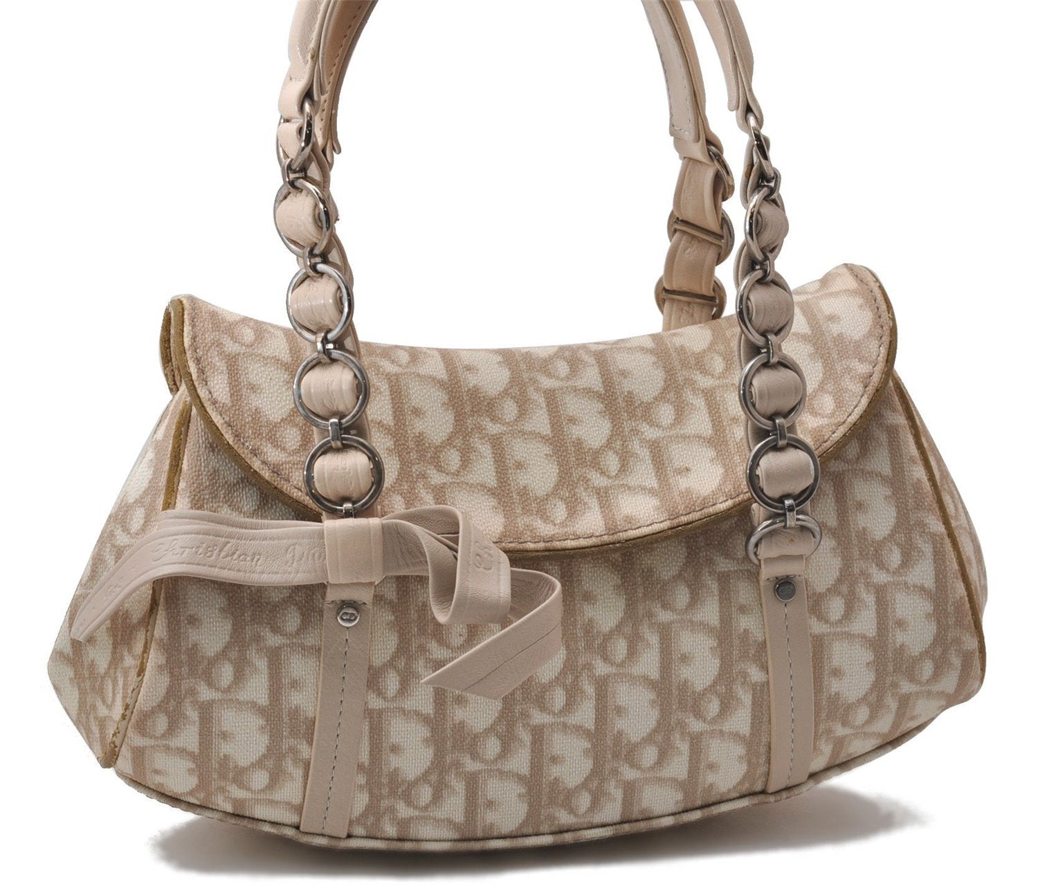 Auth Christian Dior Trotter Romantic Ribbon Hand Bag PVC Leather Beige 1502D