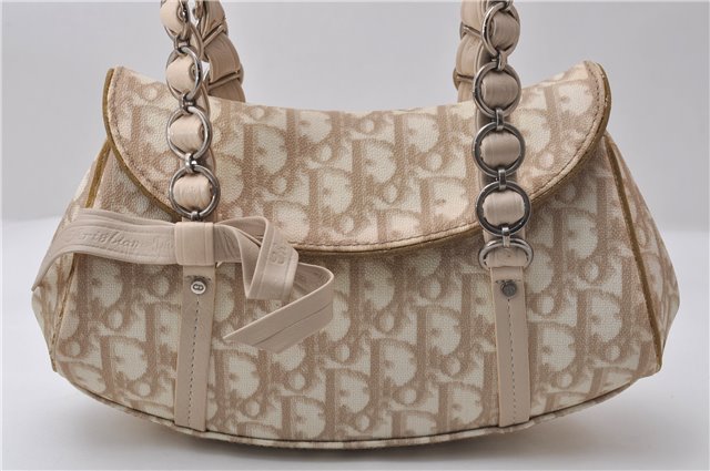 Auth Christian Dior Trotter Romantic Ribbon Hand Bag PVC Leather Beige 1502D