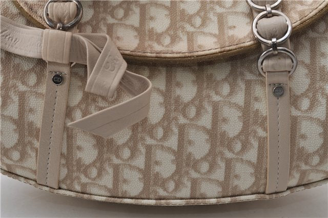 Auth Christian Dior Trotter Romantic Ribbon Hand Bag PVC Leather Beige 1502D