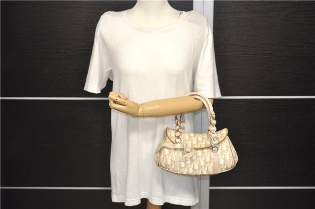 Auth Christian Dior Trotter Romantic Ribbon Hand Bag PVC Leather Beige 1502D