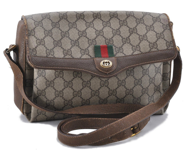 Authentic GUCCI Web Sherry Line Shoulder Cross Bag GG PVC Leather Brown 1503D