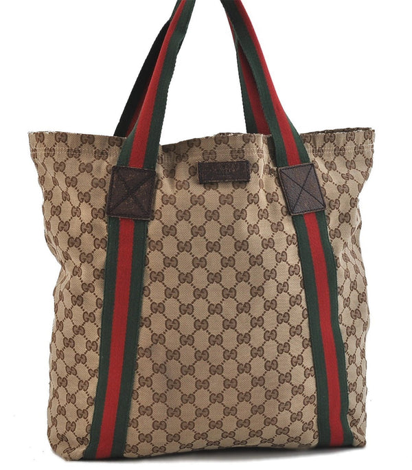 GUCCI Web Sherry Line Shoulder Tote Bag GG Canvas Leather 189669 Brown 1517D