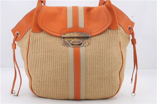 Authentic PRADA Raffia Leather Shoulder Tote Bag Orange 1529D