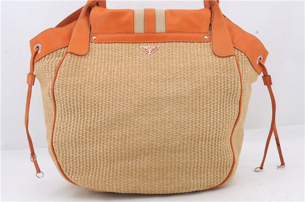 Authentic PRADA Raffia Leather Shoulder Tote Bag Orange 1529D