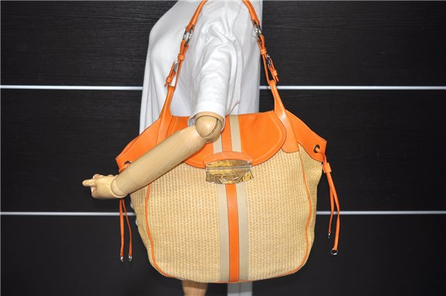 Authentic PRADA Raffia Leather Shoulder Tote Bag Orange 1529D