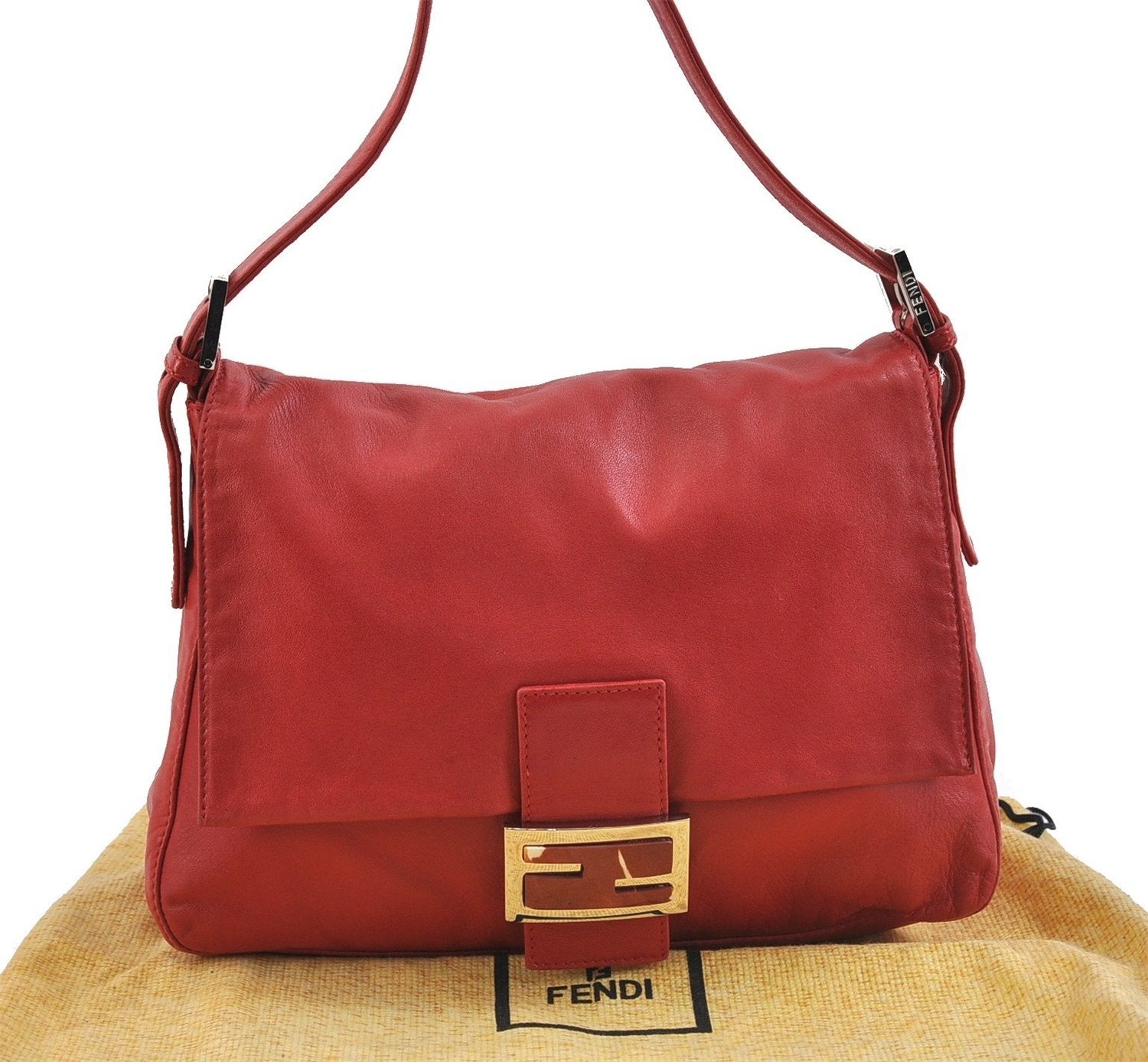 Authentic FENDI Mamma Baguette Shoulder Hand Bag Purse Leather Red 1532D