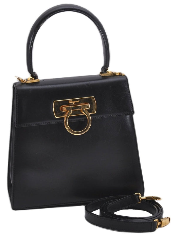 Authentic Ferragamo Gancini Vintage Leather 2 Way Shoulder Hand Bag Black 1548F