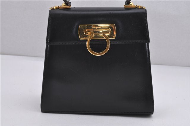 Authentic Ferragamo Gancini Vintage Leather 2 Way Shoulder Hand Bag Black 1548F