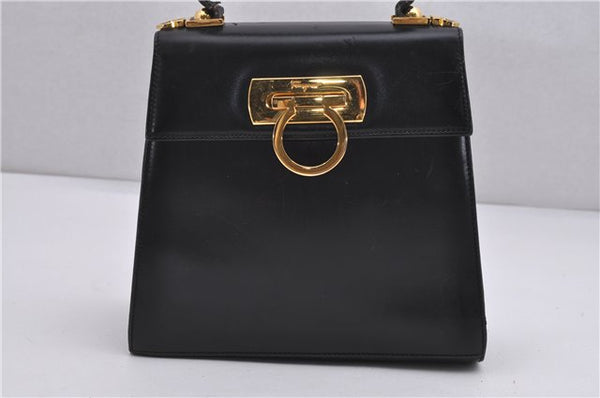Authentic Ferragamo Gancini Vintage Leather 2 Way Shoulder Hand Bag Black 1548F