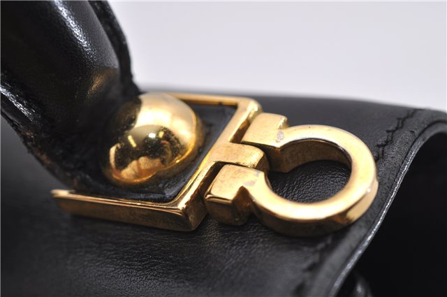 Authentic Ferragamo Gancini Vintage Leather 2 Way Shoulder Hand Bag Black 1548F