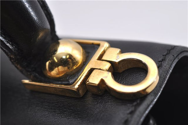 Authentic Ferragamo Gancini Vintage Leather 2 Way Shoulder Hand Bag Black 1548F
