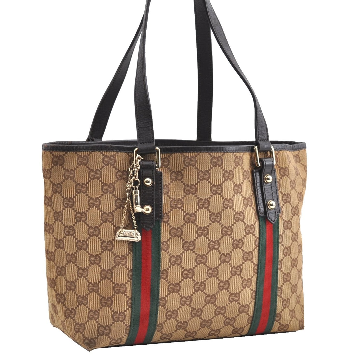 Authentic GUCCI Web Sherry Line Tote Bag GG Canvas Leather 137396 Brown 1549G