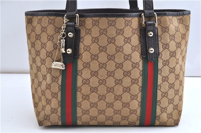 Authentic GUCCI Web Sherry Line Tote Bag GG Canvas Leather 137396 Brown 1549G