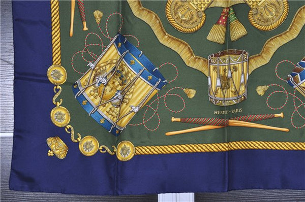 Authentic HERMES Carre 90 Scarf "LES TAMBOURS" Silk Blue Box 1551F