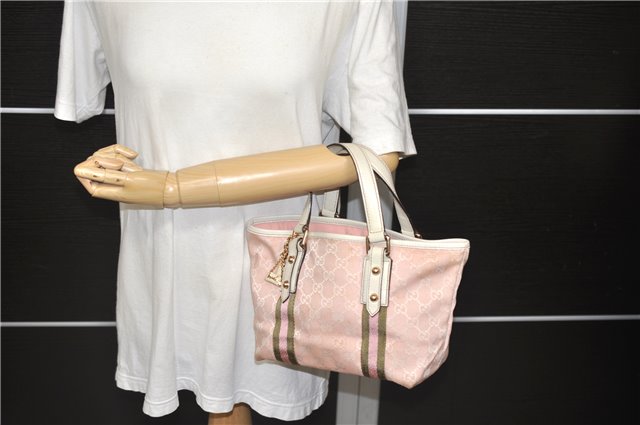 Authentic GUCCI Sherry Line Hand Bag Purse GG Canvas Leather 139261 Pink 1557D