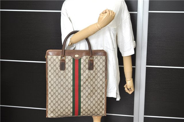 Authentic GUCCI Web Sherry Line Shoulder Tote Bag GG PVC Leather Brown 1558D