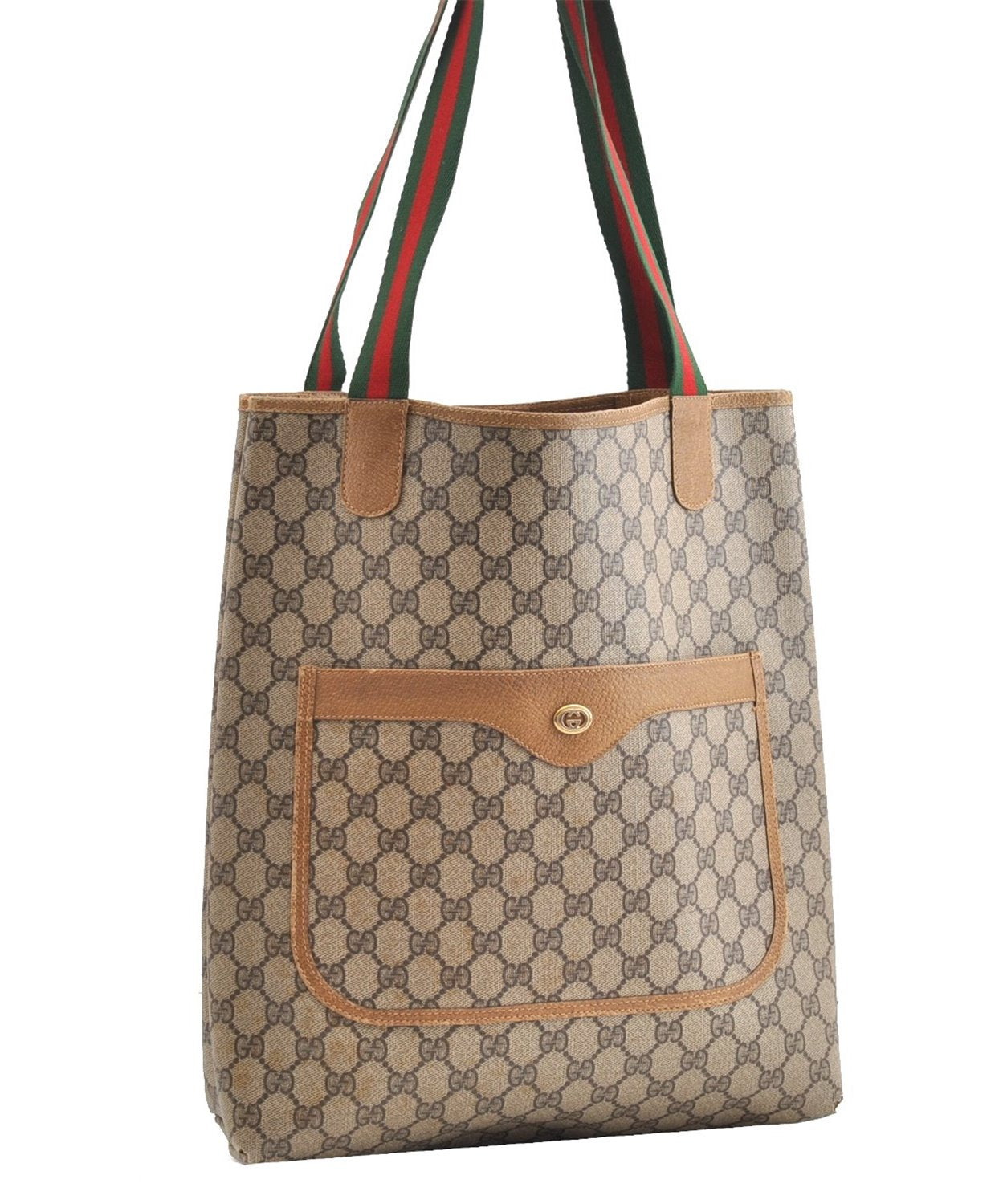 Authentic GUCCI Web Sherry Line Shoulder Tote Bag GG PVC Leather Brown 1563G