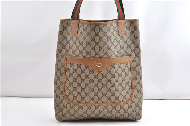 Authentic GUCCI Web Sherry Line Shoulder Tote Bag GG PVC Leather Brown 1563G