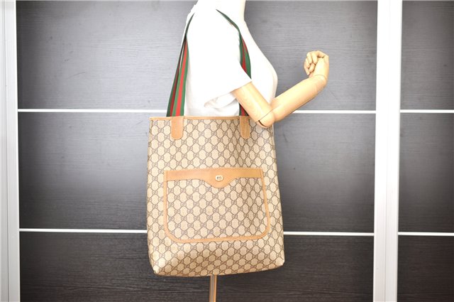 Authentic GUCCI Web Sherry Line Shoulder Tote Bag GG PVC Leather Brown 1563G