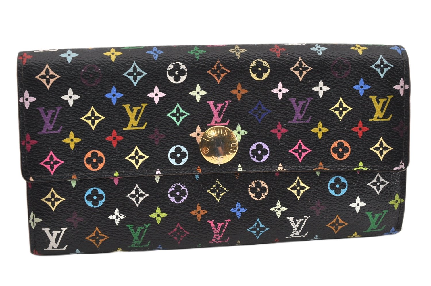 Auth Louis Vuitton Monogram Multicolor Portefeuille Sarah Wallet Black LV 1564G