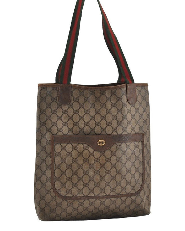 Authentic GUCCI Web Sherry Line Shoulder Tote Bag GG PVC Leather Brown 1581I