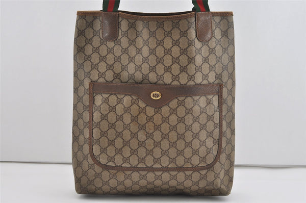 Authentic GUCCI Web Sherry Line Shoulder Tote Bag GG PVC Leather Brown 1581I