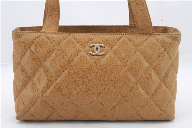 Authentic CHANEL Caviar Skin Matelasse CoCo Mark Hand Tote Bag Brown 1587D