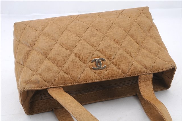 Authentic CHANEL Caviar Skin Matelasse CoCo Mark Hand Tote Bag Brown 1587D