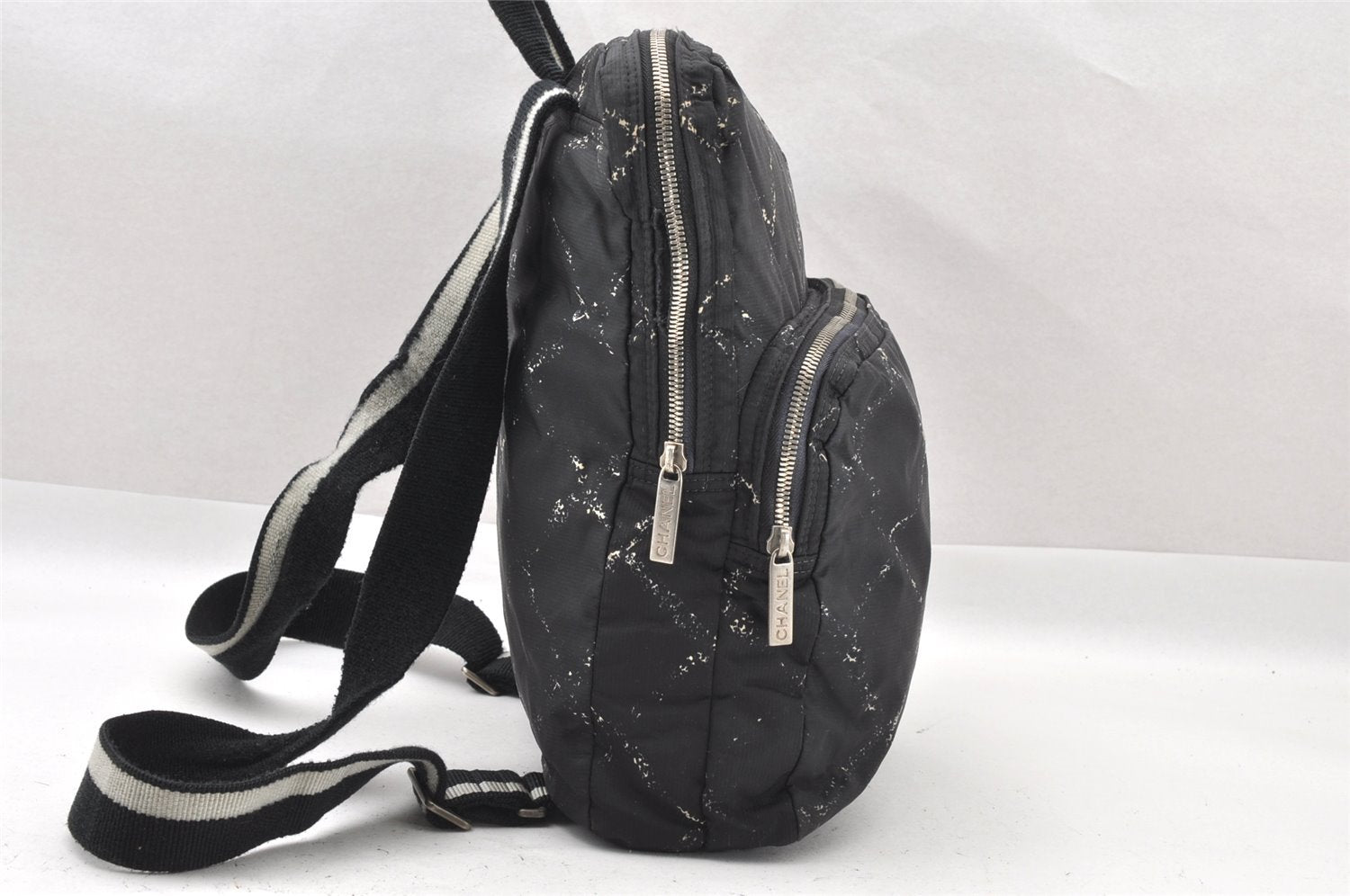 Authentic CHANEL Old Travel Line Backpack Purse Nylon Black 1587I