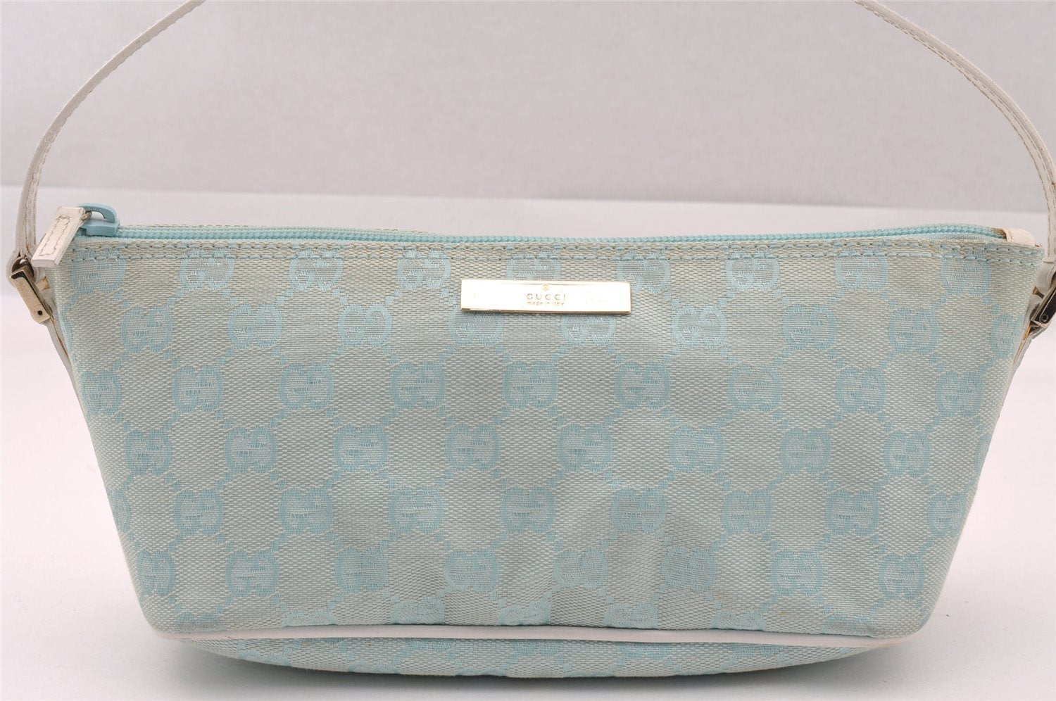 Authentic GUCCI Hand Bag Pouch Purse GG Canvas Leather 0391103 Blue 1588I