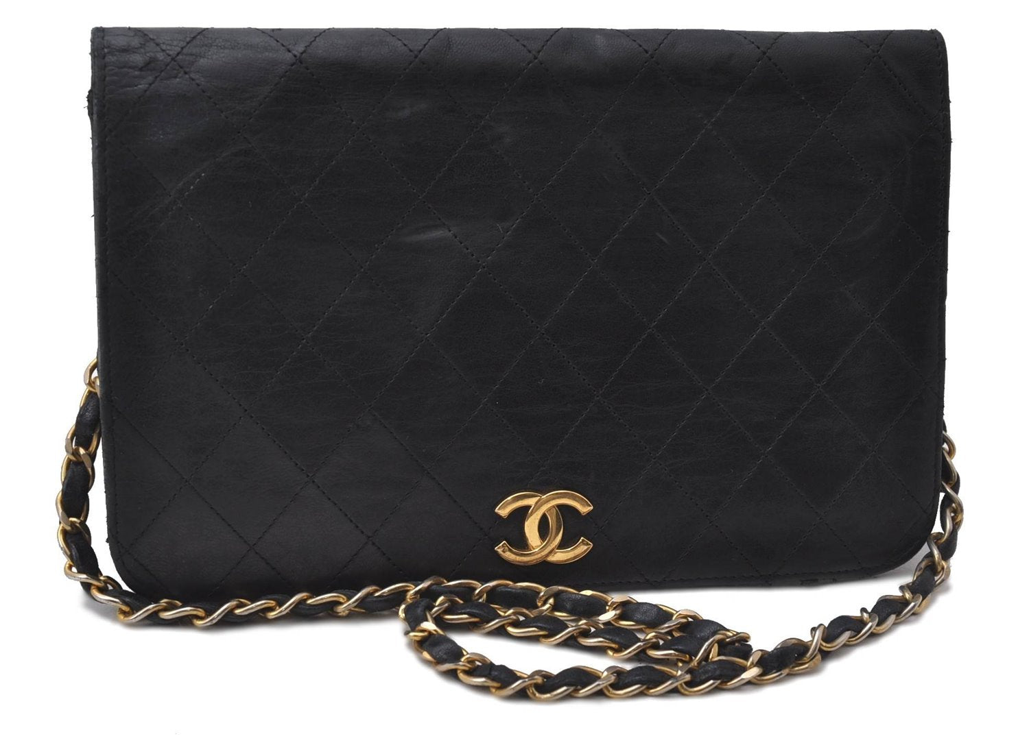 Authentic CHANEL Calf Skin Matelasse Full Flap Chain Shoulder Bag Black 1591D