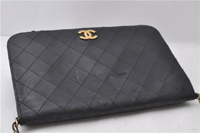 Authentic CHANEL Calf Skin Matelasse Full Flap Chain Shoulder Bag Black 1591D