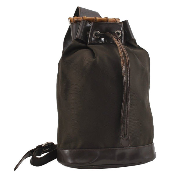 Authentic GUCCI Bamboo Shoulder Hand Bag Nylon Leather Khaki Green Brown 1594I