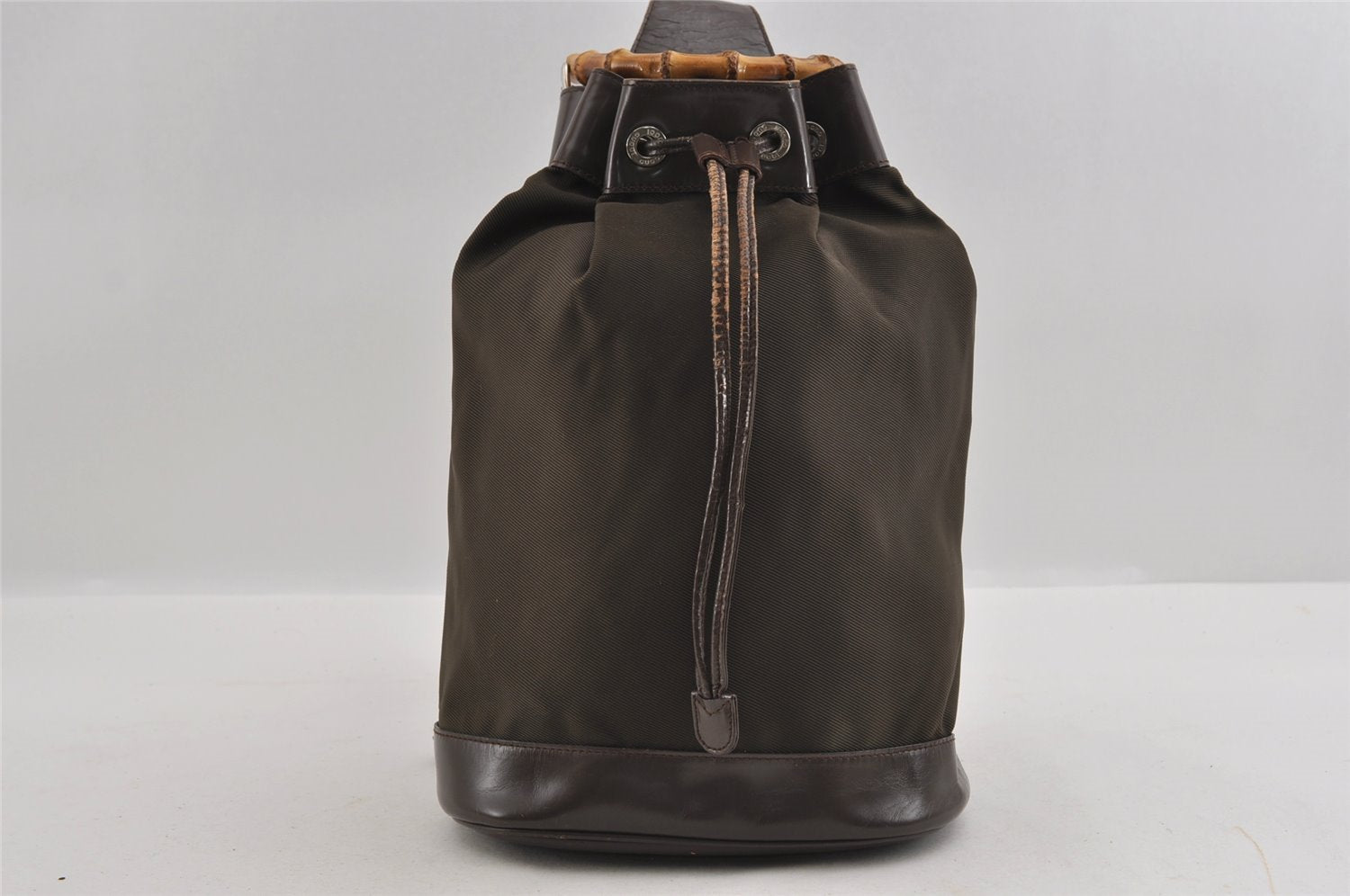 Authentic GUCCI Bamboo Shoulder Hand Bag Nylon Leather Khaki Green Brown 1594I