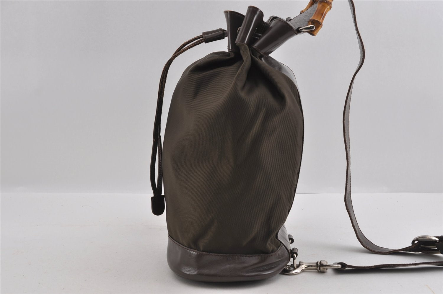 Authentic GUCCI Bamboo Shoulder Hand Bag Nylon Leather Khaki Green Brown 1594I