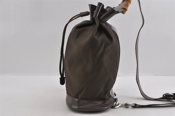 Authentic GUCCI Bamboo Shoulder Hand Bag Nylon Leather Khaki Green Brown 1594I