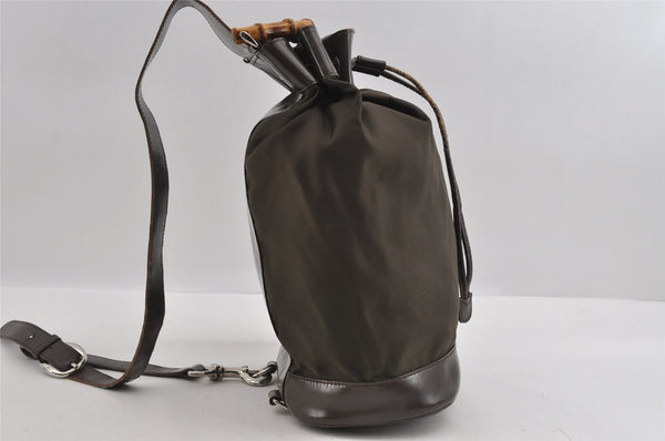 Authentic GUCCI Bamboo Shoulder Hand Bag Nylon Leather Khaki Green Brown 1594I