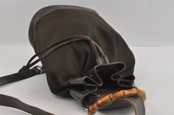 Authentic GUCCI Bamboo Shoulder Hand Bag Nylon Leather Khaki Green Brown 1594I
