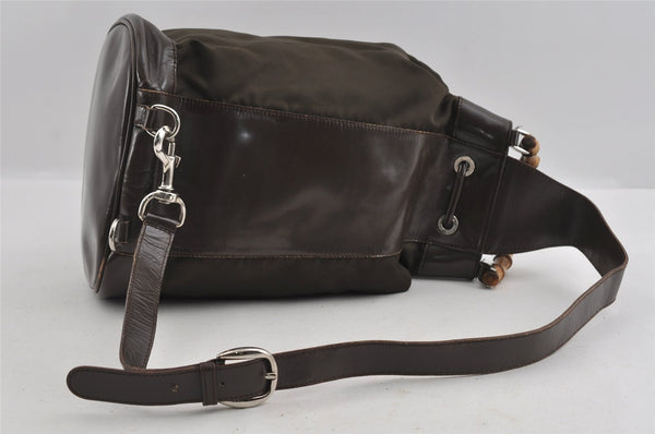 Authentic GUCCI Bamboo Shoulder Hand Bag Nylon Leather Khaki Green Brown 1594I